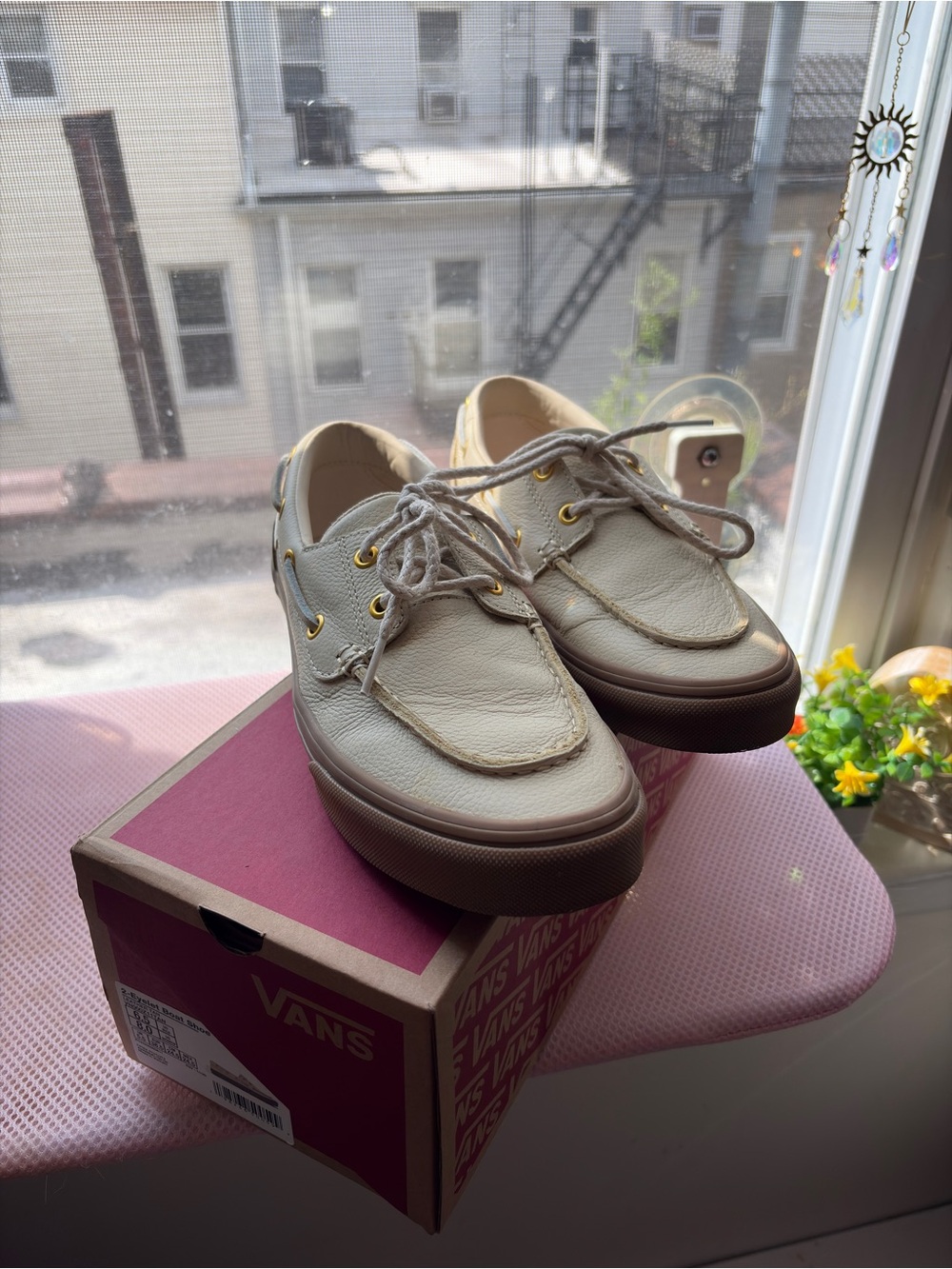 Vans Men's Cream Leather Boat Shoes with Brown Sole